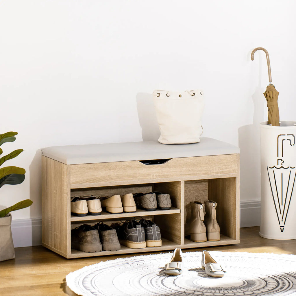 Natural Wood Shoe Bench | Compact Cushioned Storage Bench
