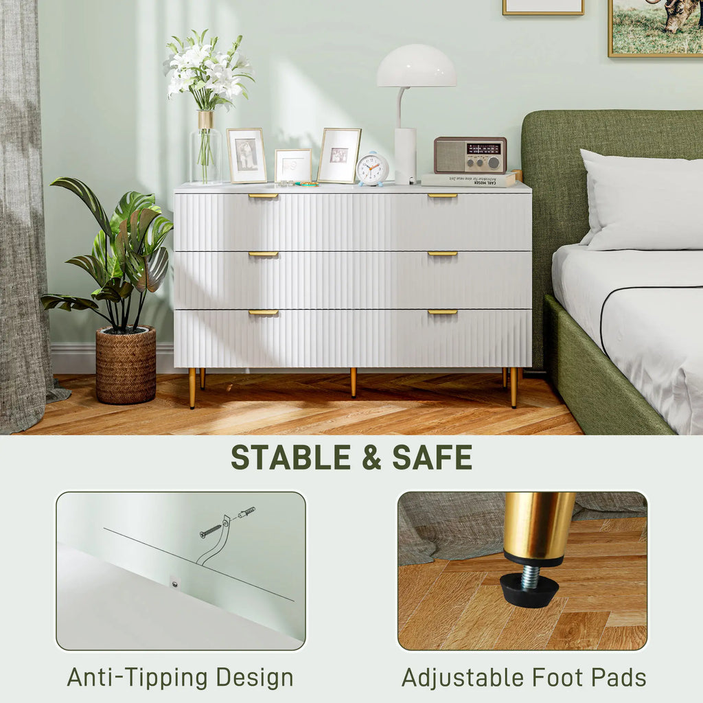 White Dresser | 6-Drawer Chest of Drawers with Gold Legs