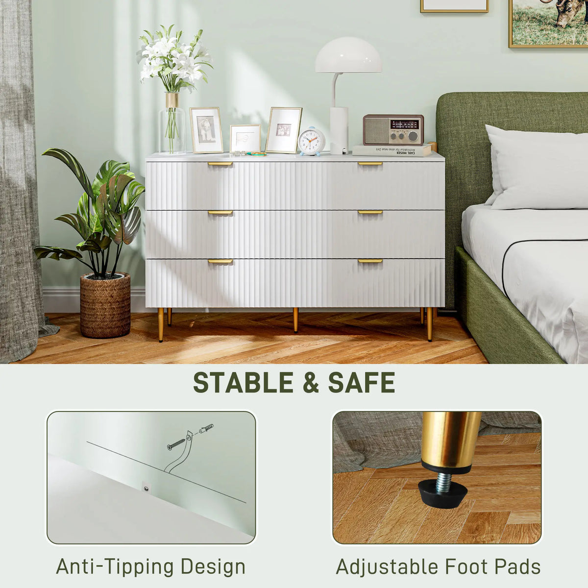 White Dresser | 6-Drawer Chest of Drawers with Gold Legs