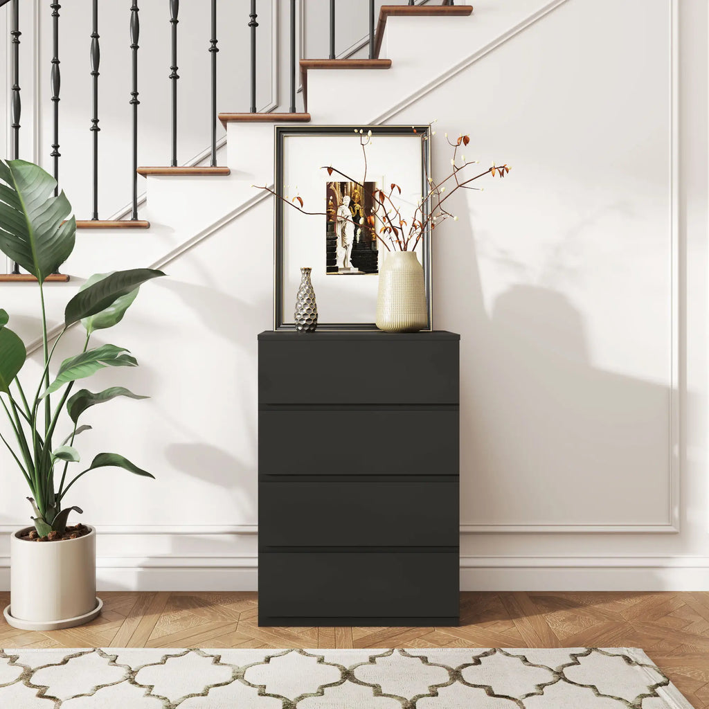 Black Chest of Drawers | Slim 4-Drawer Storage Dresser