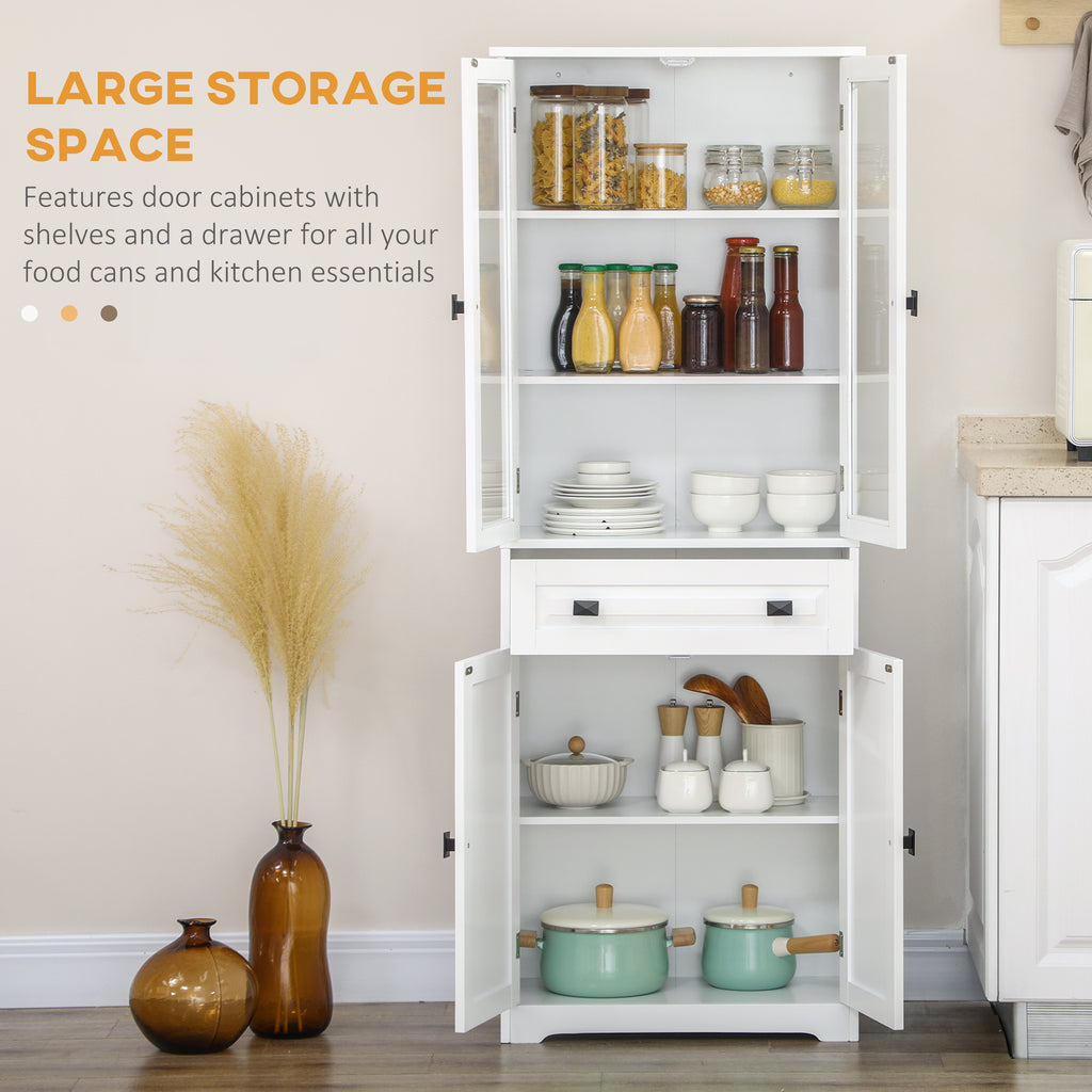 White 4-Door Kitchen Pantry Cabinet | 63" Freestanding Storage Cupboard with Glass Doors