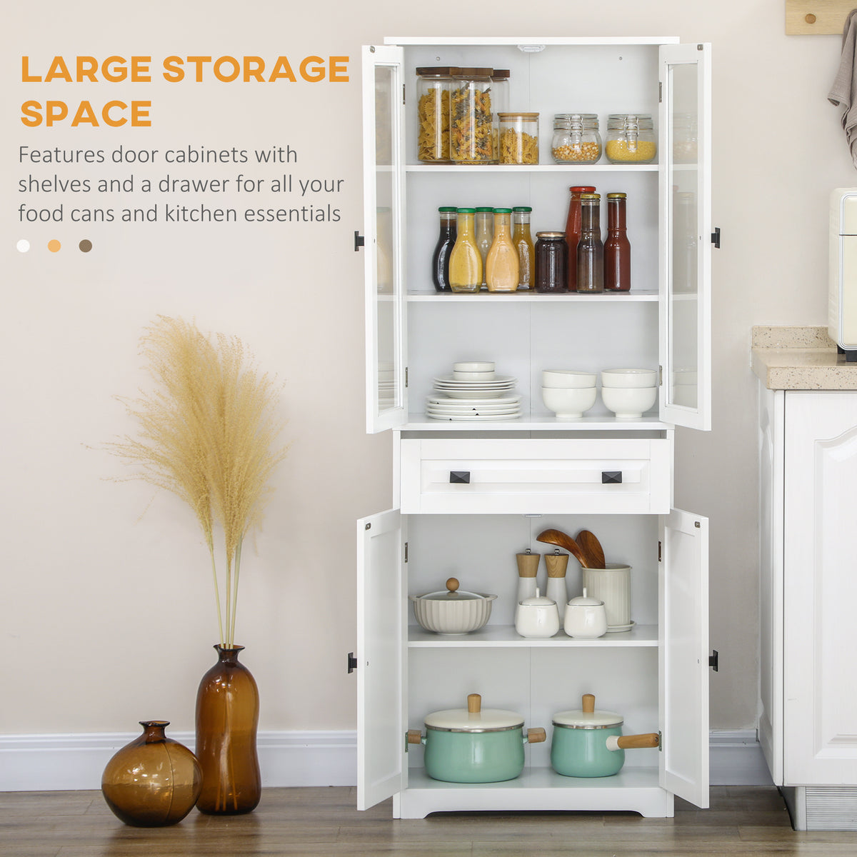 White 4-Door Kitchen Pantry Cabinet | 63" Freestanding Storage Cupboard with Glass Doors