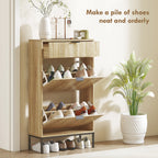 Oak Narrow Shoe Storage Cabinet | 41.5" Entryway Cabinet with Flip Drawers, Holds 8 Pairs