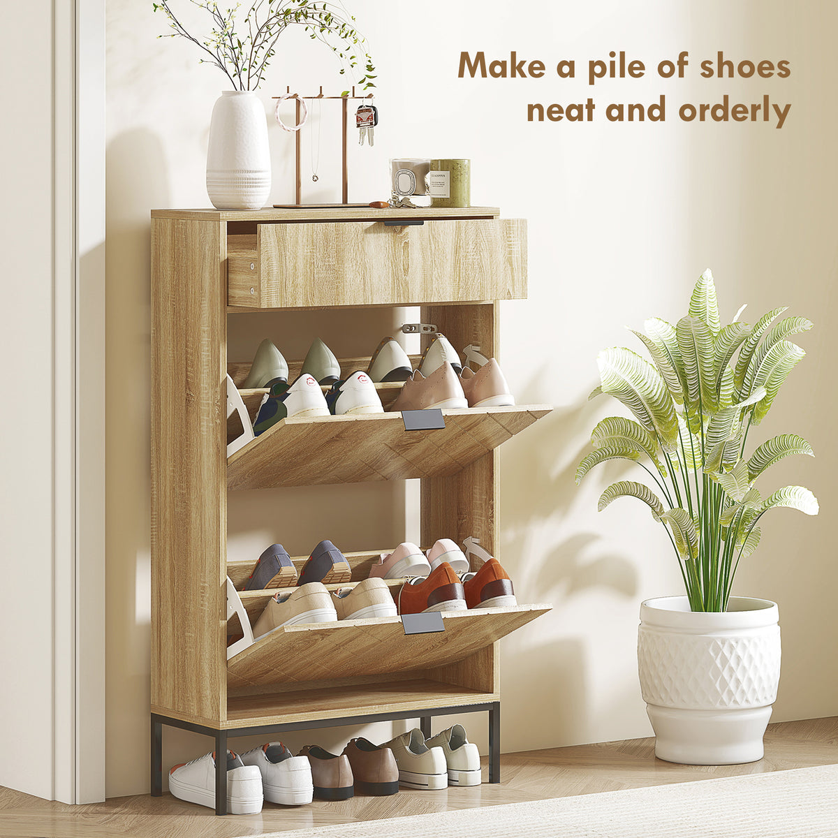 Oak Narrow Shoe Storage Cabinet | 41.5" Entryway Cabinet with Flip Drawers, Holds 8 Pairs