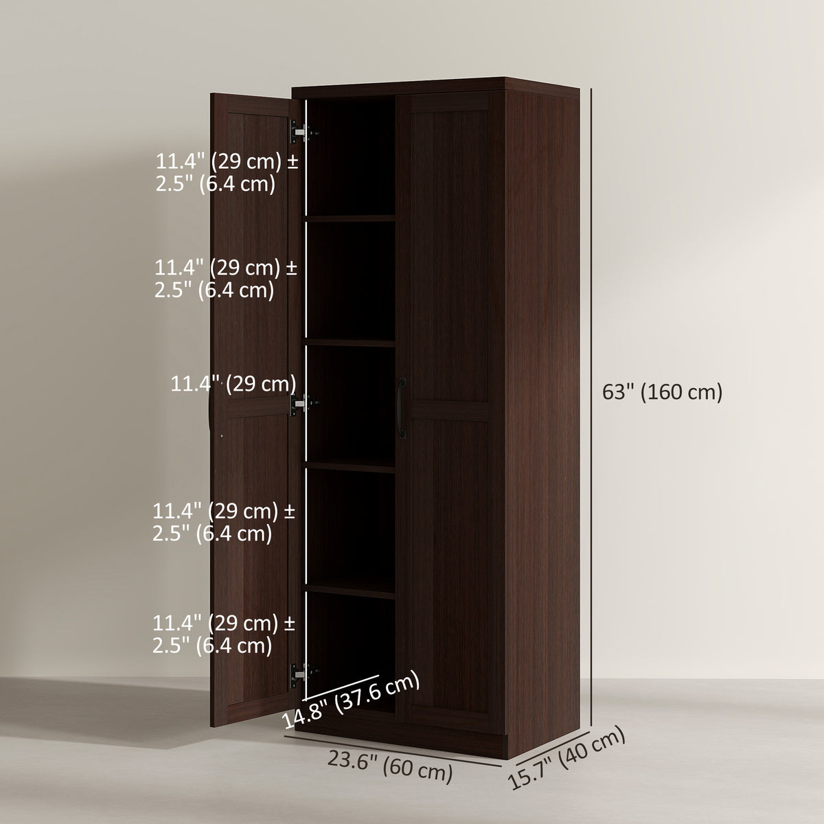 Dark Brown 5-Tier Kitchen Storage Cabinet | 63" Pantry Cabinet with Adjustable Shelves