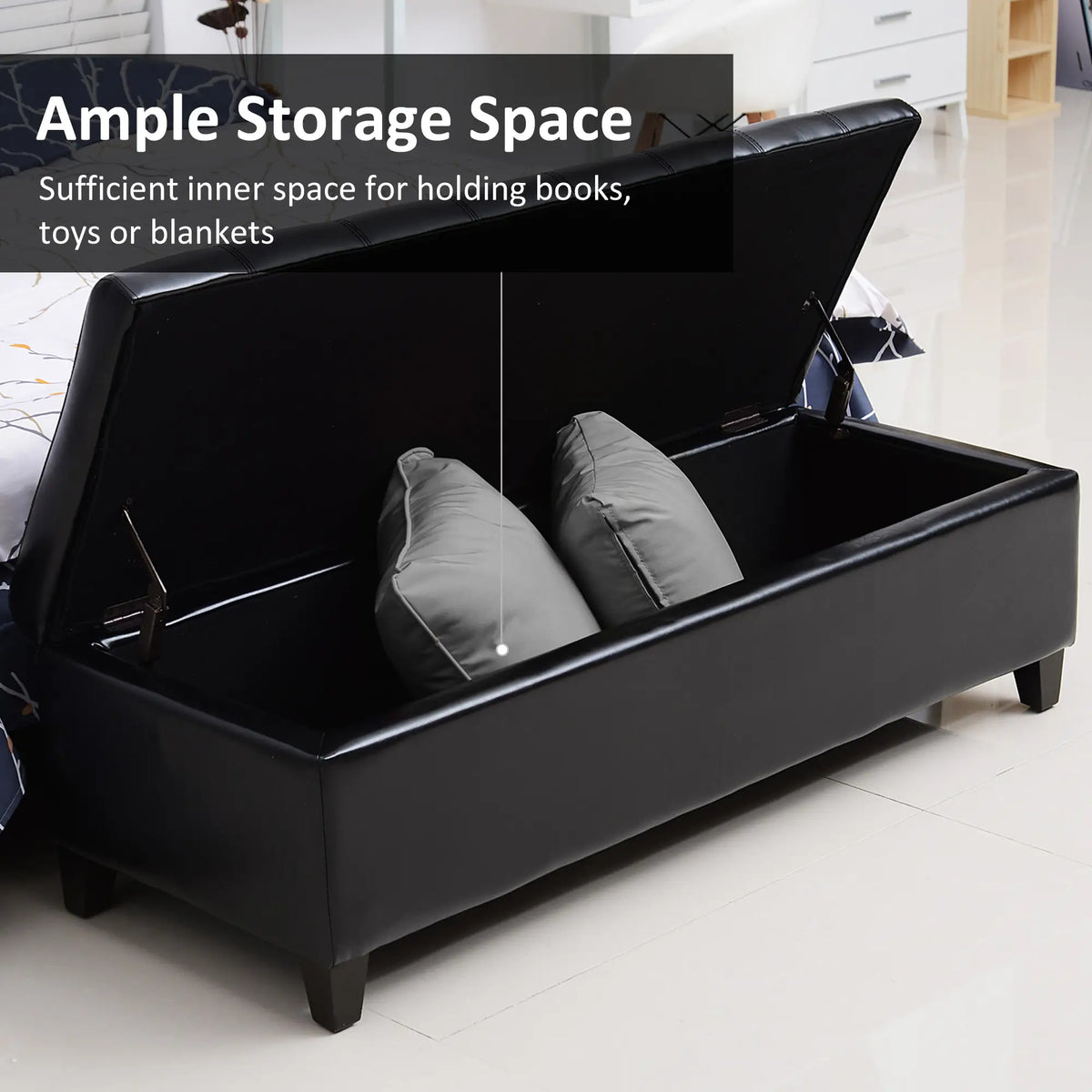 Black Tufted Storage Ottoman Bench | 51-Inch Entryway & Bedroom Seat