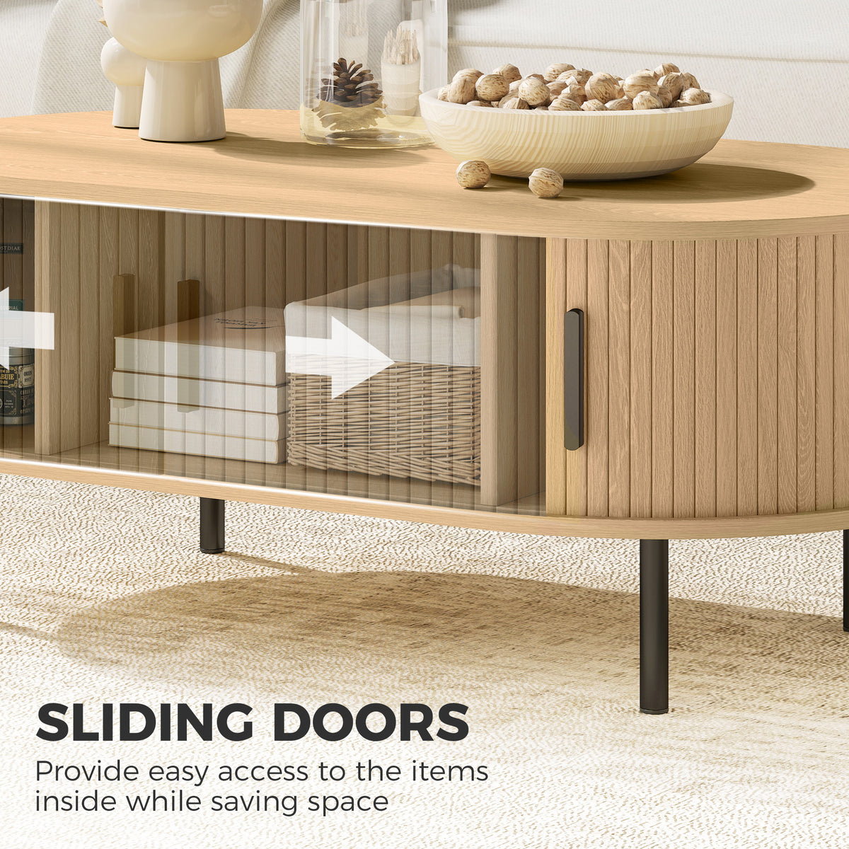 Natural Wood Coffee Table with Sliding Tambour Doors - dimensions