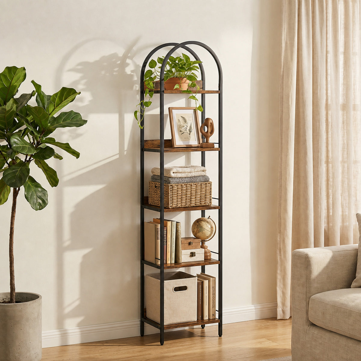 Rustic Brown Arched Bookshelf - lifestyle view 2