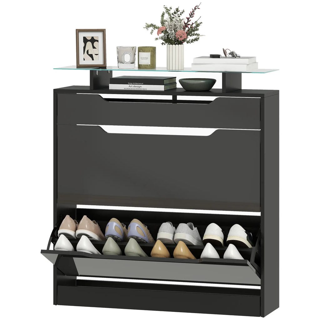 Black Shoe Cabinet | Entryway Shoe Storage with Tilt-Out Drawer