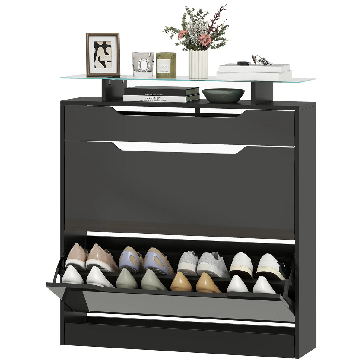 Black Shoe Cabinet | Entryway Shoe Storage with Tilt-Out Drawer