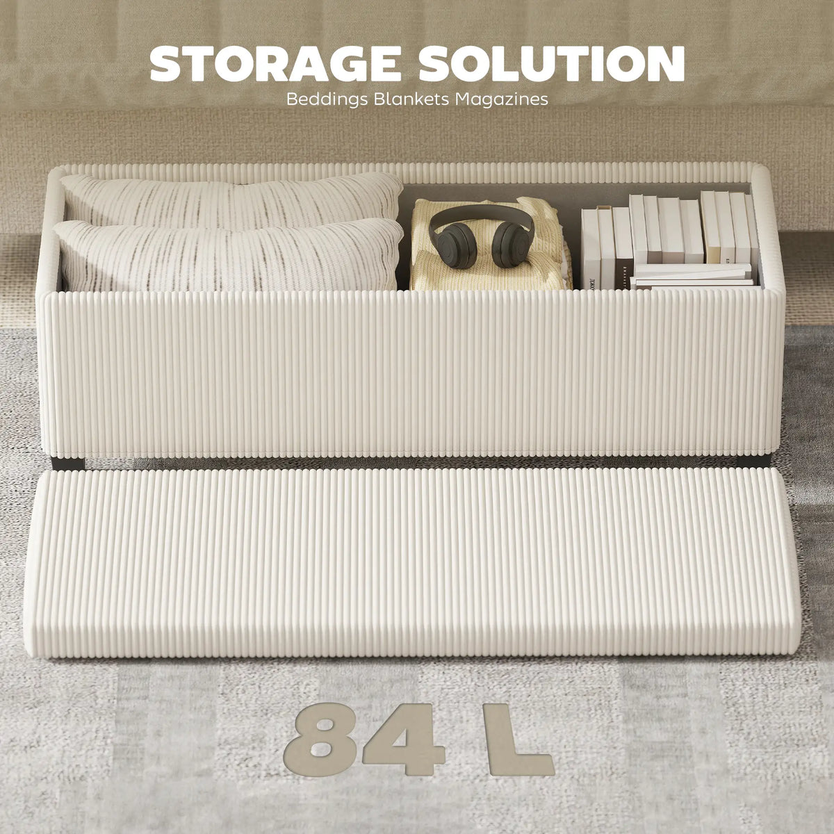 Ivory Storage Ottoman | Ribbed Bedroom Storage Bench