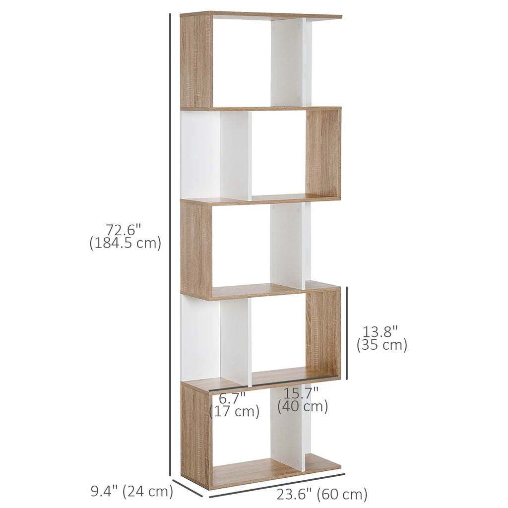 White & Oak Bookshelf | S-Shape Open Storage Shelf