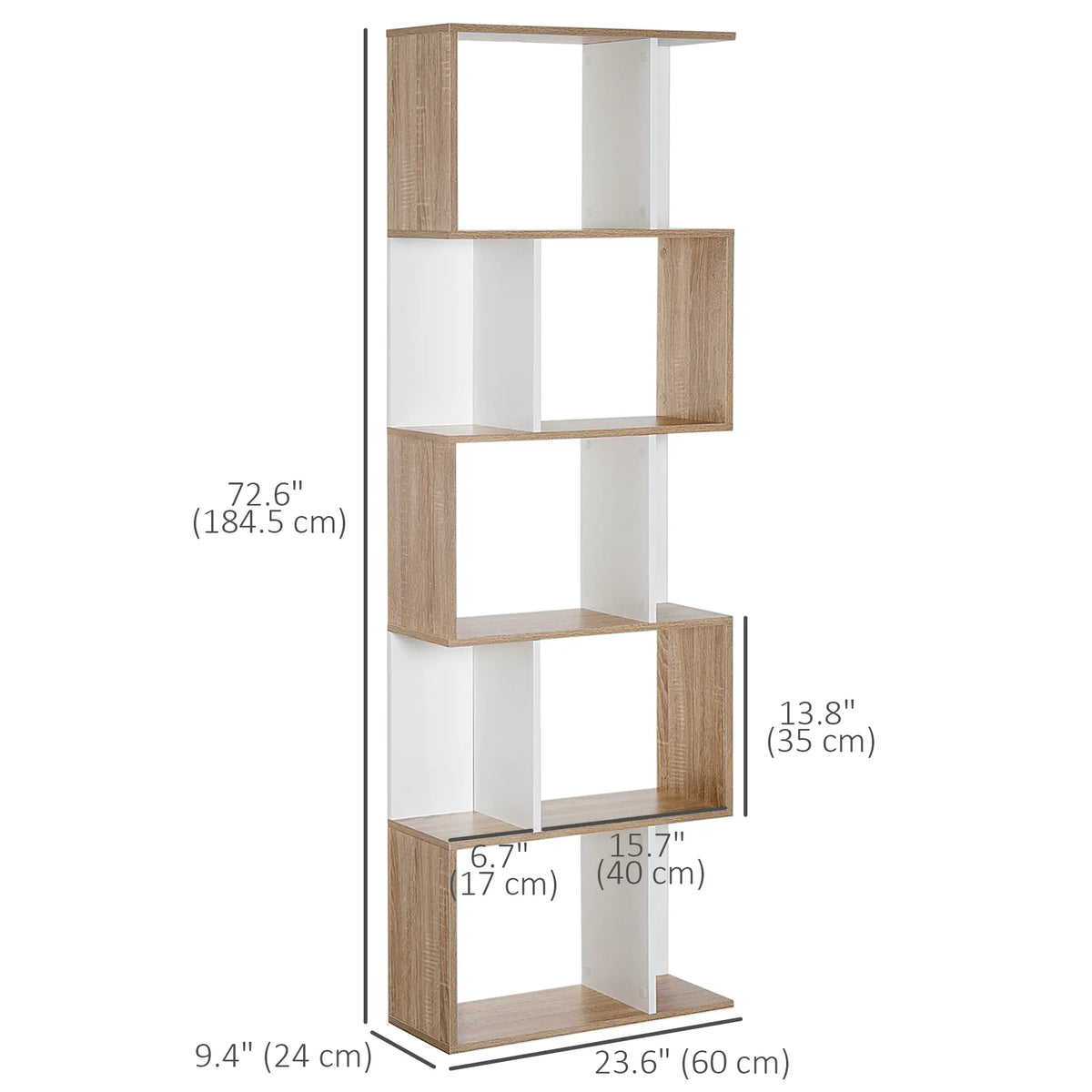 White & Oak Bookshelf | S-Shape Open Storage Shelf
