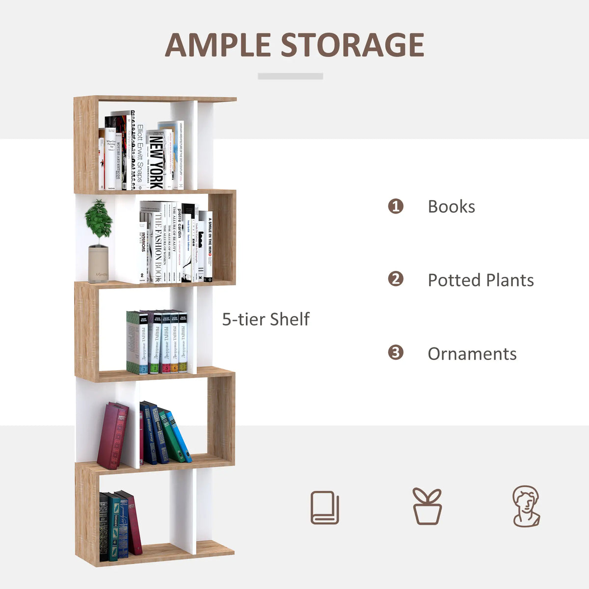 White & Oak Bookshelf | S-Shape Open Storage Shelf