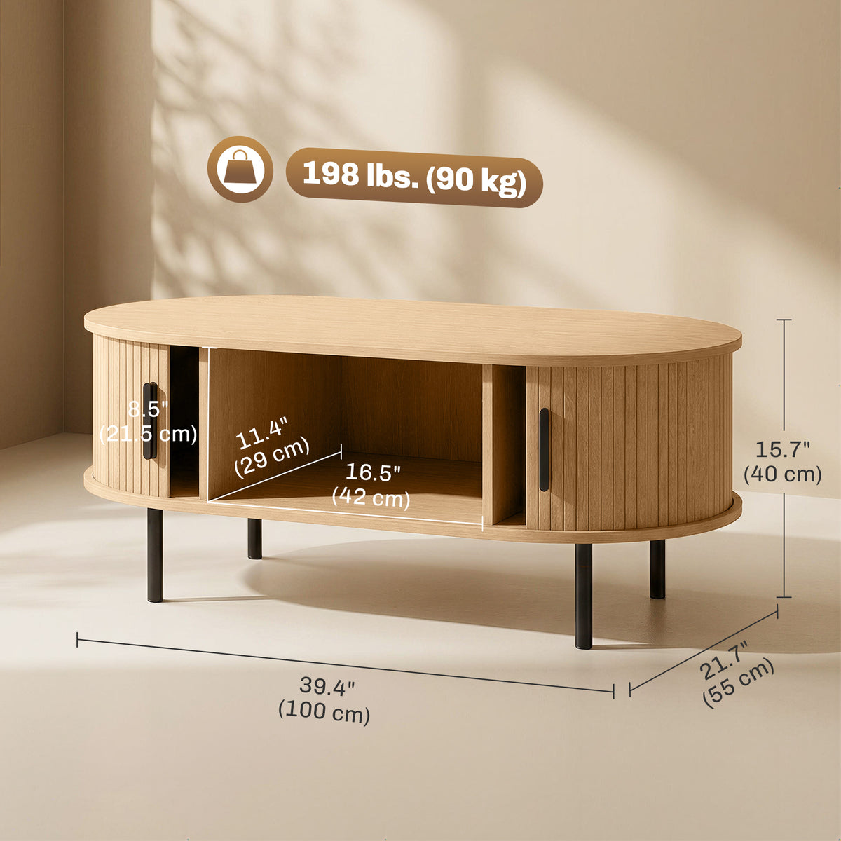 Natural Wood Coffee Table with Sliding Tambour Doors - open storage view