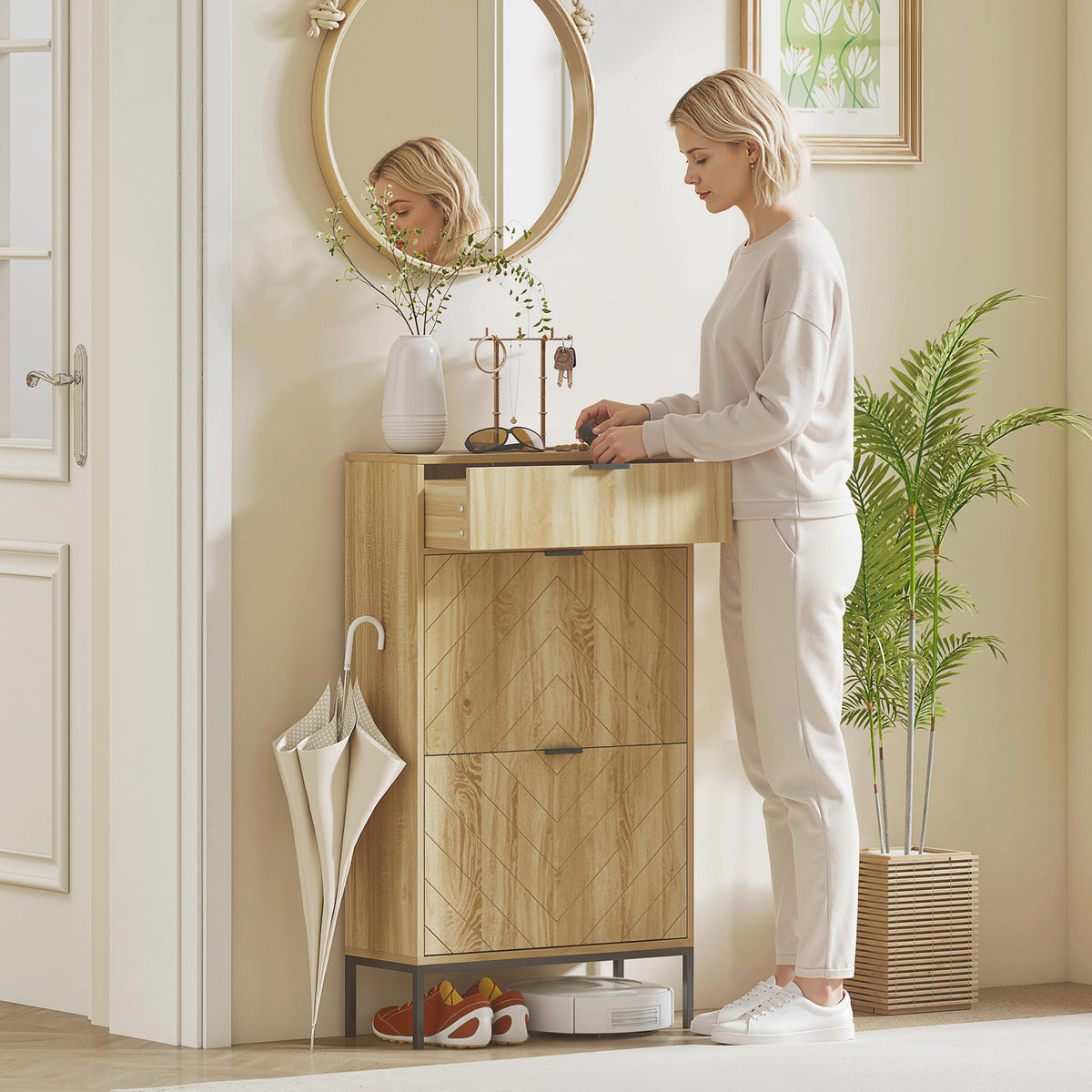 Oak Narrow Shoe Storage Cabinet | 41.5" Entryway Cabinet with Flip Drawers, Holds 8 Pairs