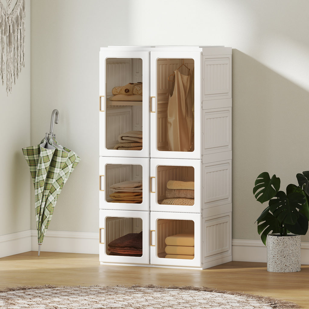 White Portable Wardrobe | 53.5" Foldable Plastic Closet with 5 Compartments and Hanging Rod