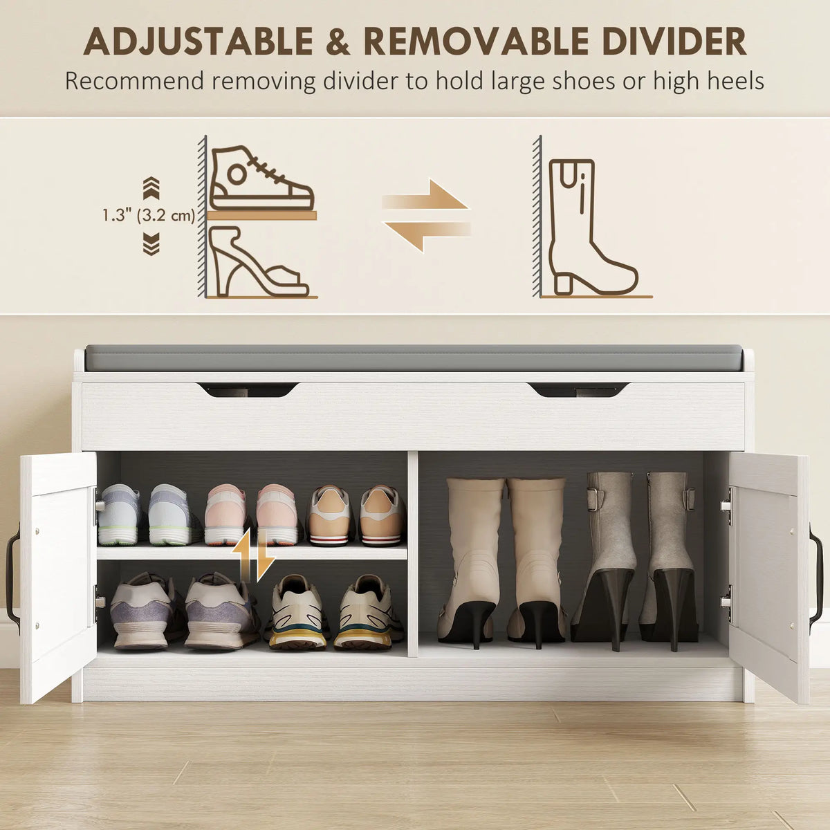 White Shoe Storage Bench | 2-Cabinet Farmhouse Bench with Cushion