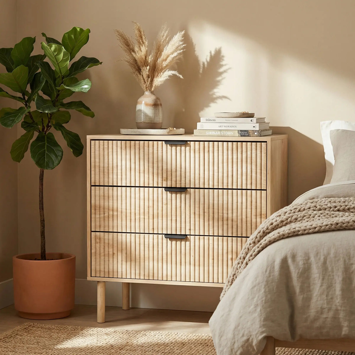 Natural Oak Chest of Drawers | Fluted 3-Drawer Dresser