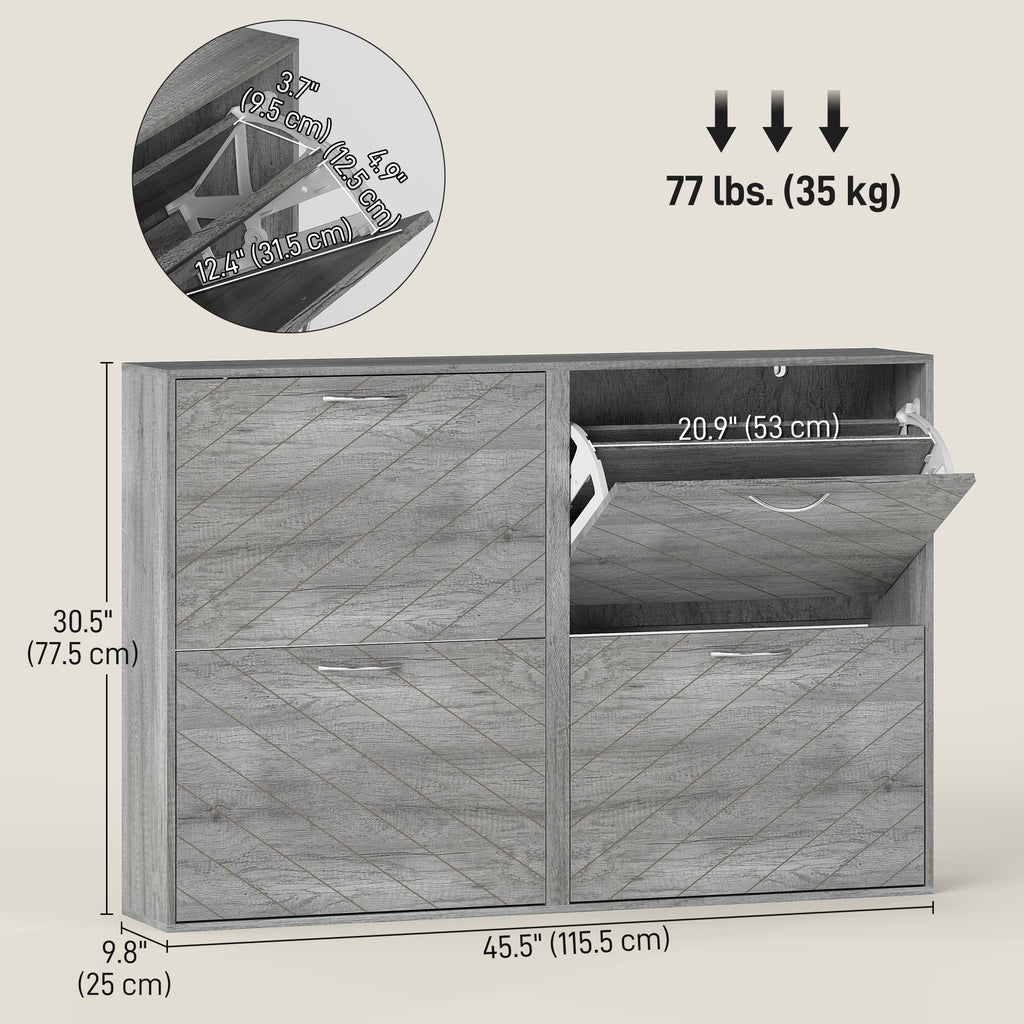 Grey Shoe Storage Cabinet | 45.5" Wide Entryway Cabinet with 4 Flip Drawers