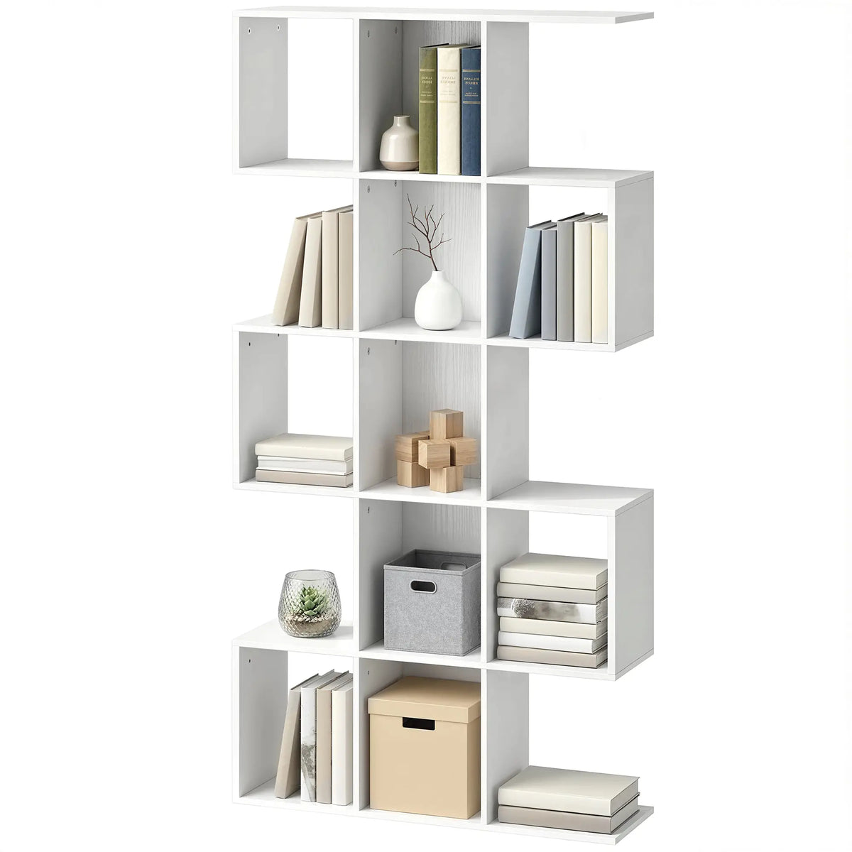 White Geometric Bookshelf | Multi-Level Open Storage Shelf