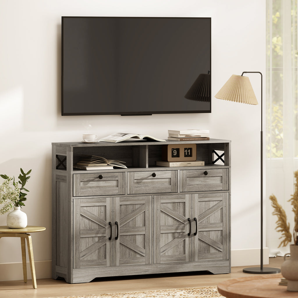 Grey Barn Door Sideboard | 47.2" Buffet Cabinet with Drawers and Adjustable Shelves