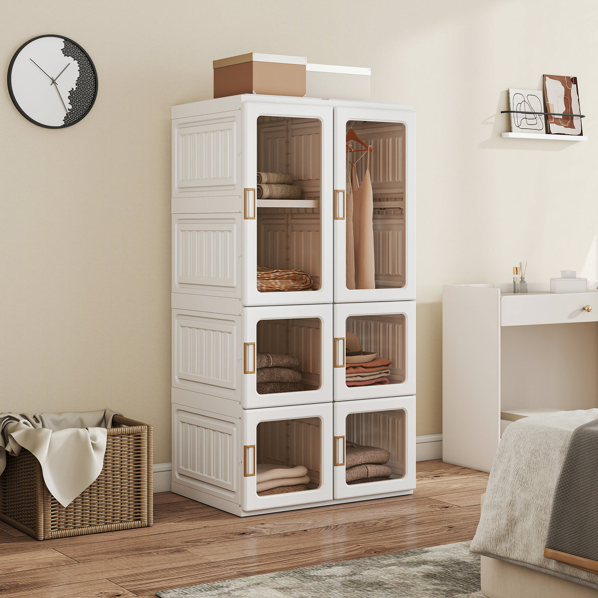 White Portable Wardrobe | 53.5" Foldable Plastic Closet with 5 Compartments and Hanging Rod