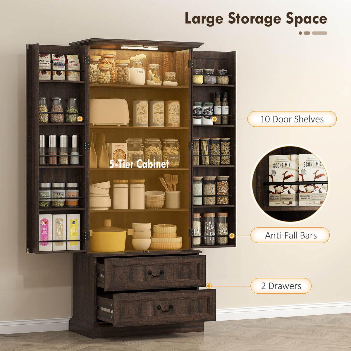 Brown 72" LED Kitchen Pantry Cabinet | Buffet Storage with 10 Door Shelves