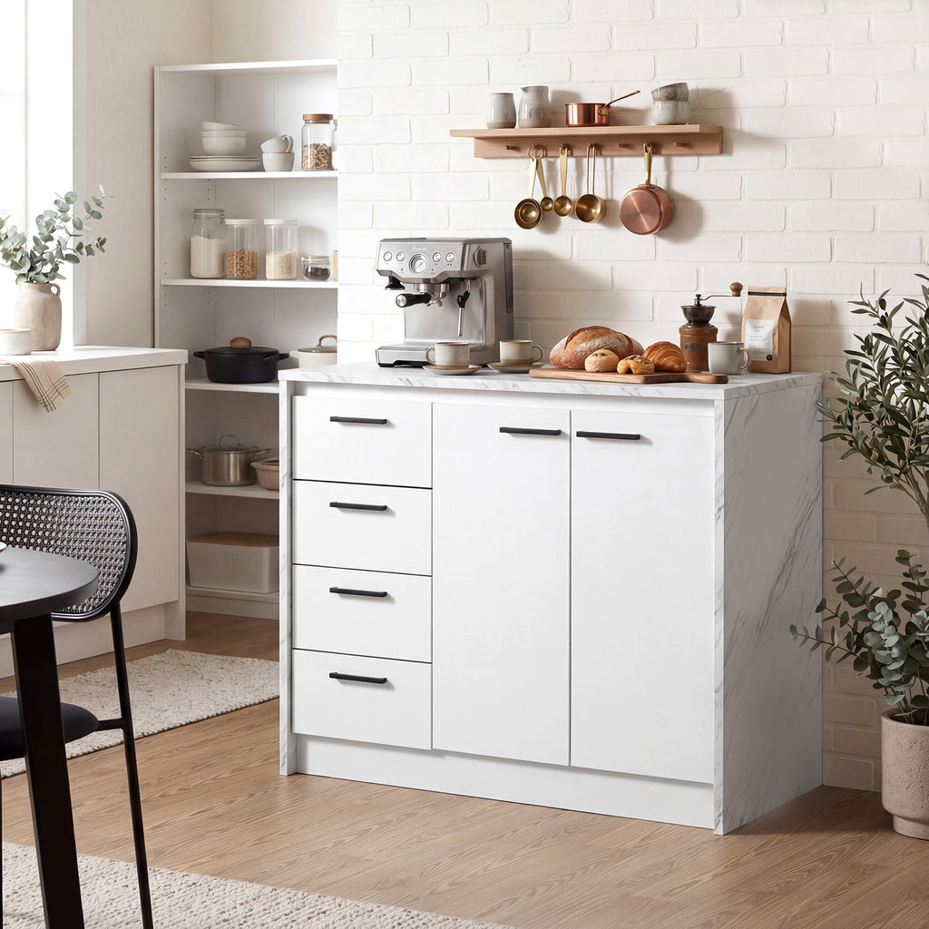 White Faux Marble Kitchen Island | 45.7" Storage Cabinet with 4 Drawers
