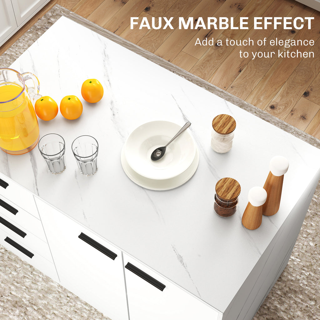 White Faux Marble Kitchen Island | 45.7" Storage Cabinet with 4 Drawers