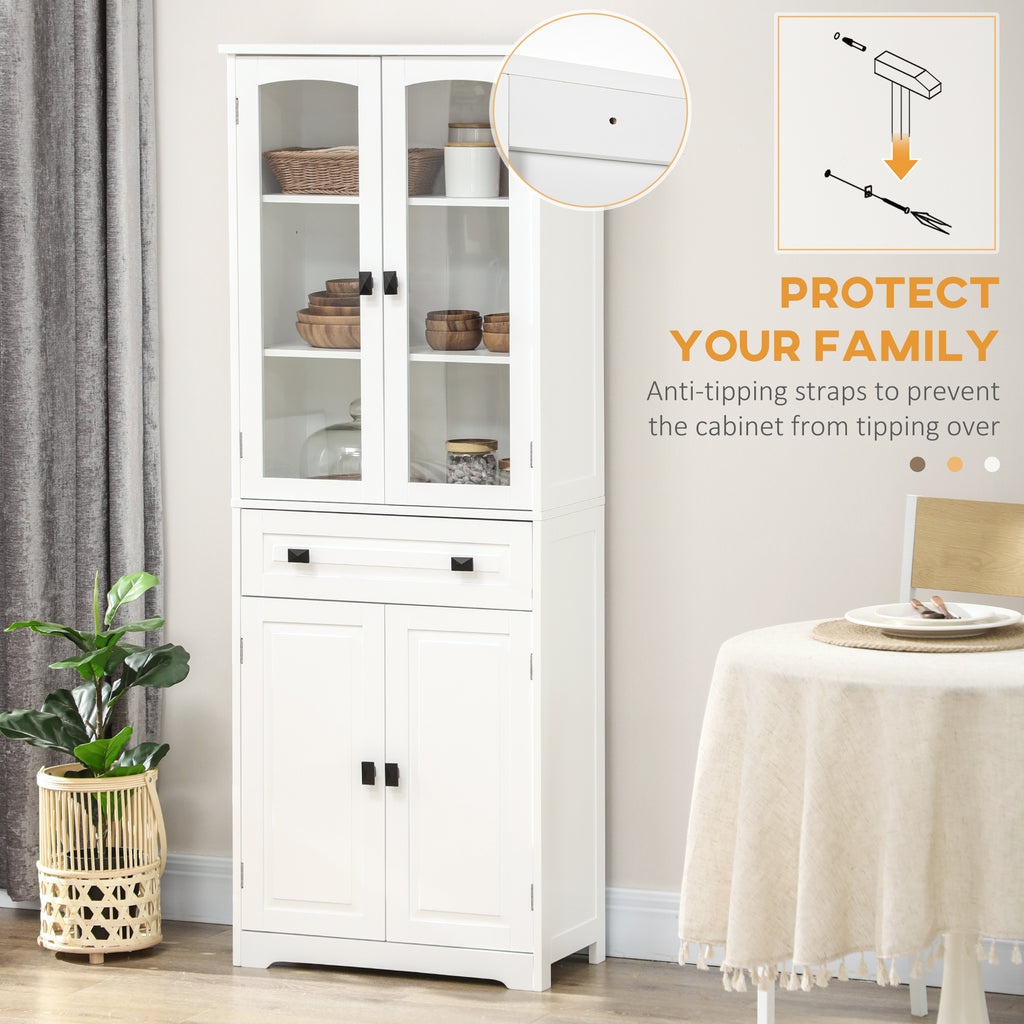 White 4-Door Kitchen Pantry Cabinet | 63" Freestanding Storage Cupboard with Glass Doors