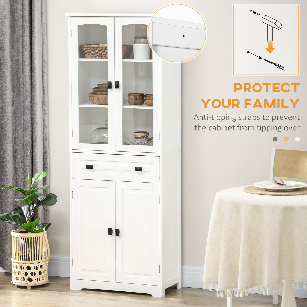 White 4-Door Kitchen Pantry Cabinet | 63" Freestanding Storage Cupboard with Glass Doors
