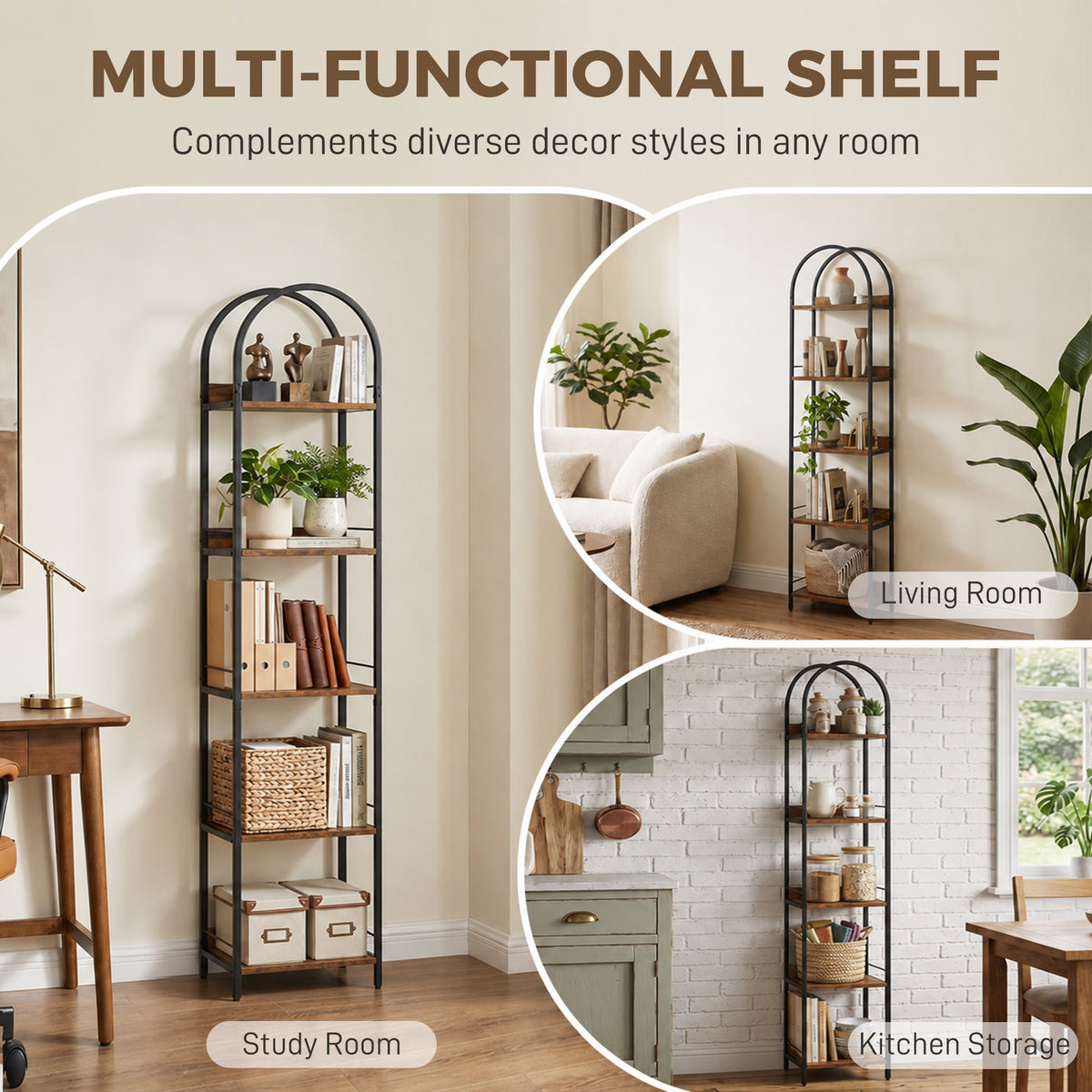 Rustic Brown Arched Bookshelf - lifestyle view