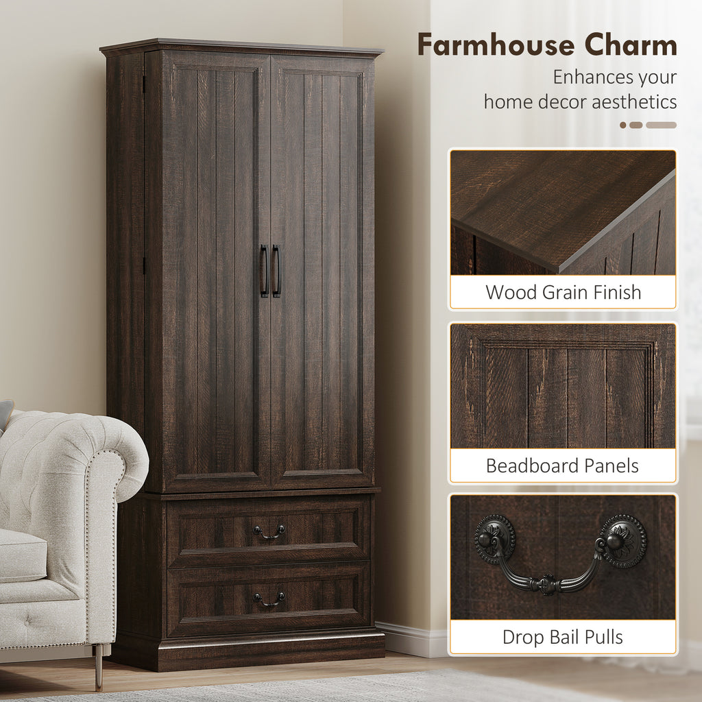 Brown 72" LED Kitchen Pantry Cabinet | Buffet Storage with 10 Door Shelves