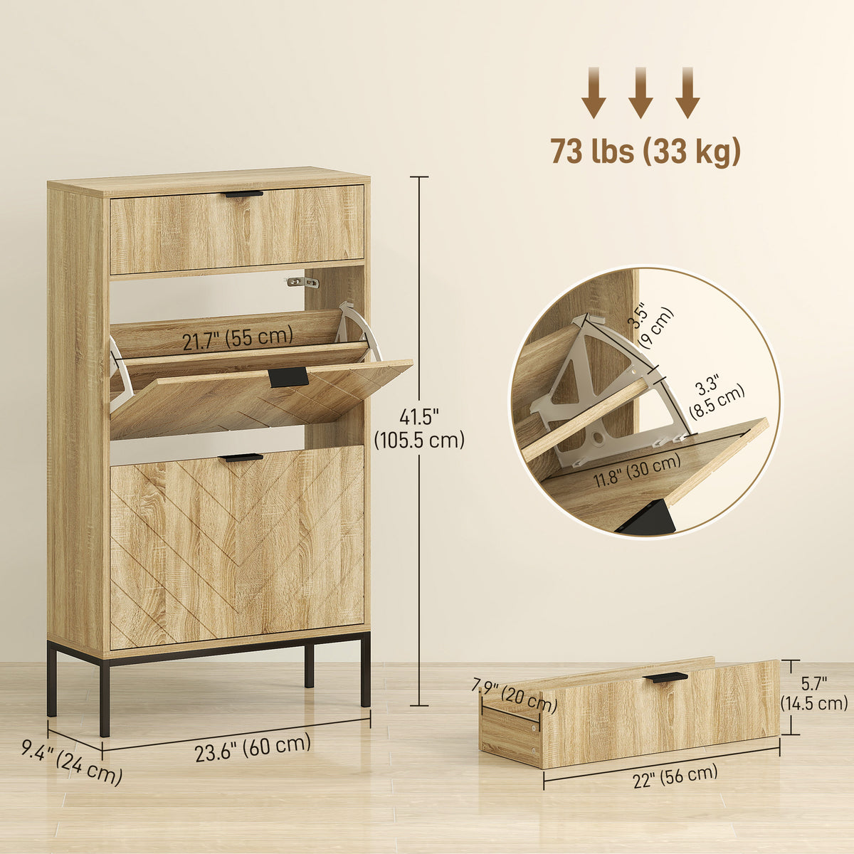 Oak Narrow Shoe Storage Cabinet | 41.5" Entryway Cabinet with Flip Drawers, Holds 8 Pairs