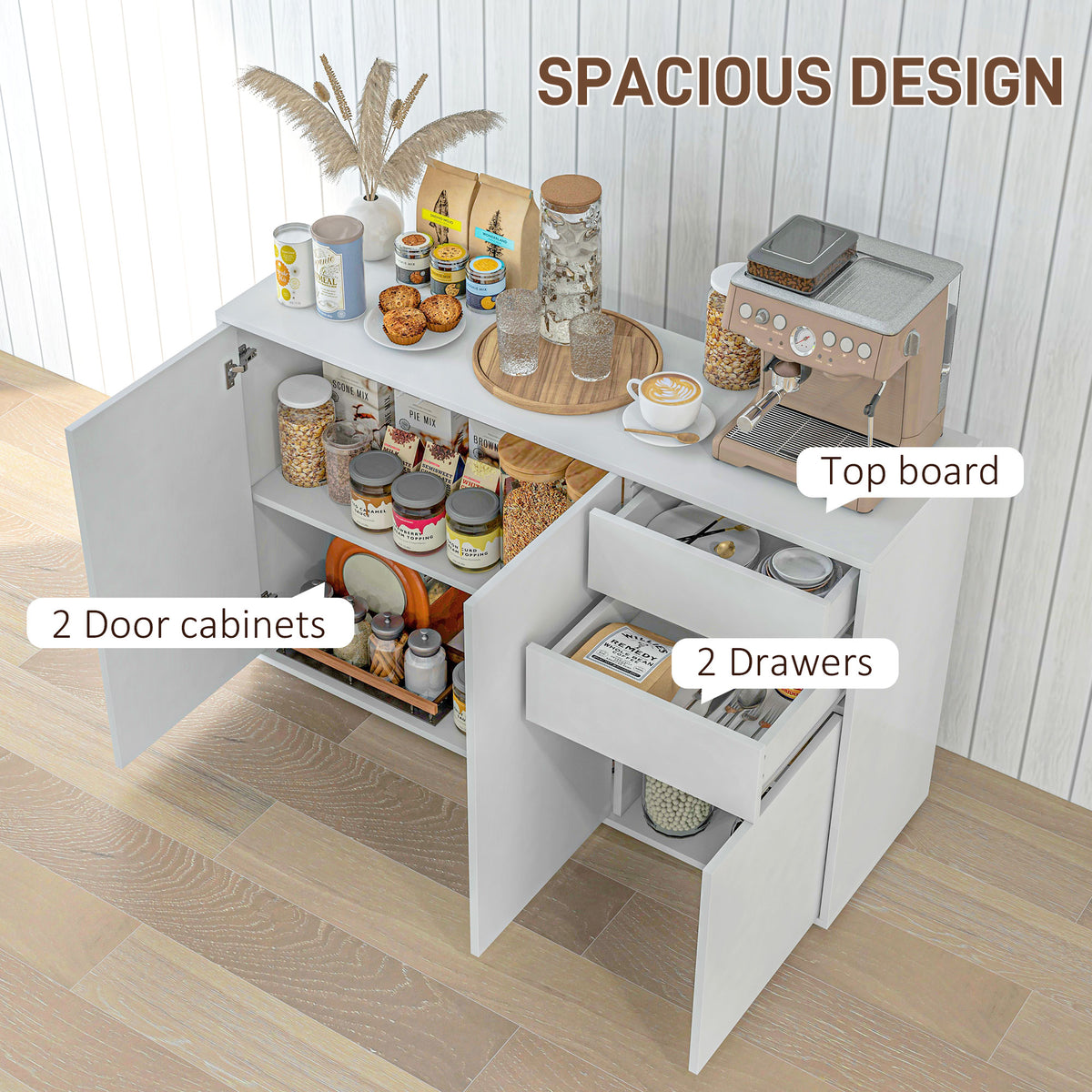 White Kitchen Sideboard Cabinet | 46.1" Push-Open Coffee Bar with Drawers
