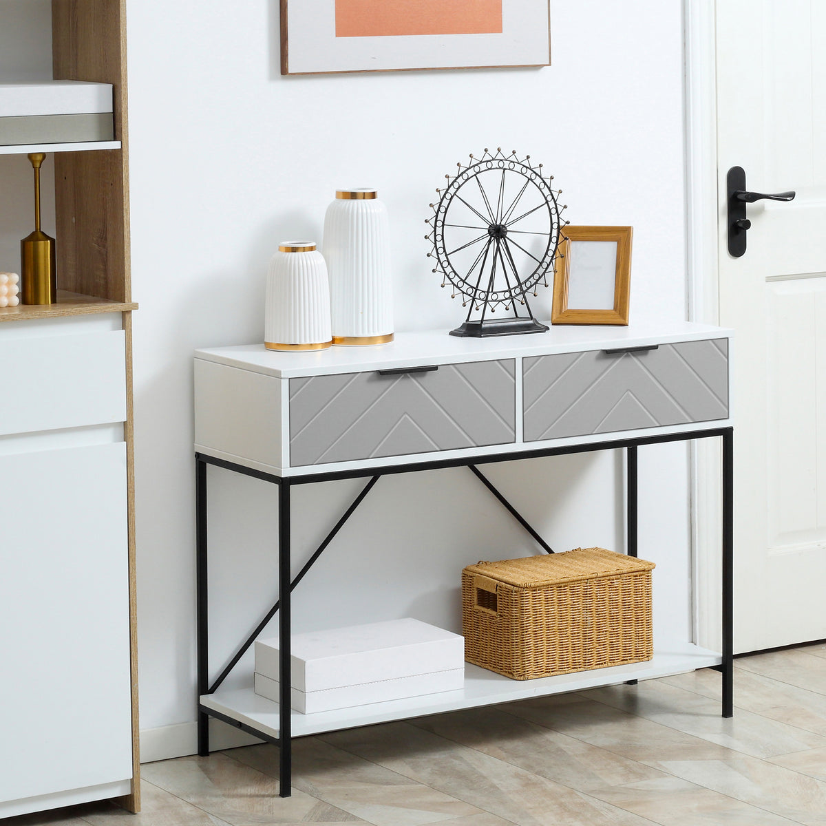 White Console Table with Drawers | 39.25" Entryway Table with Storage Shelf