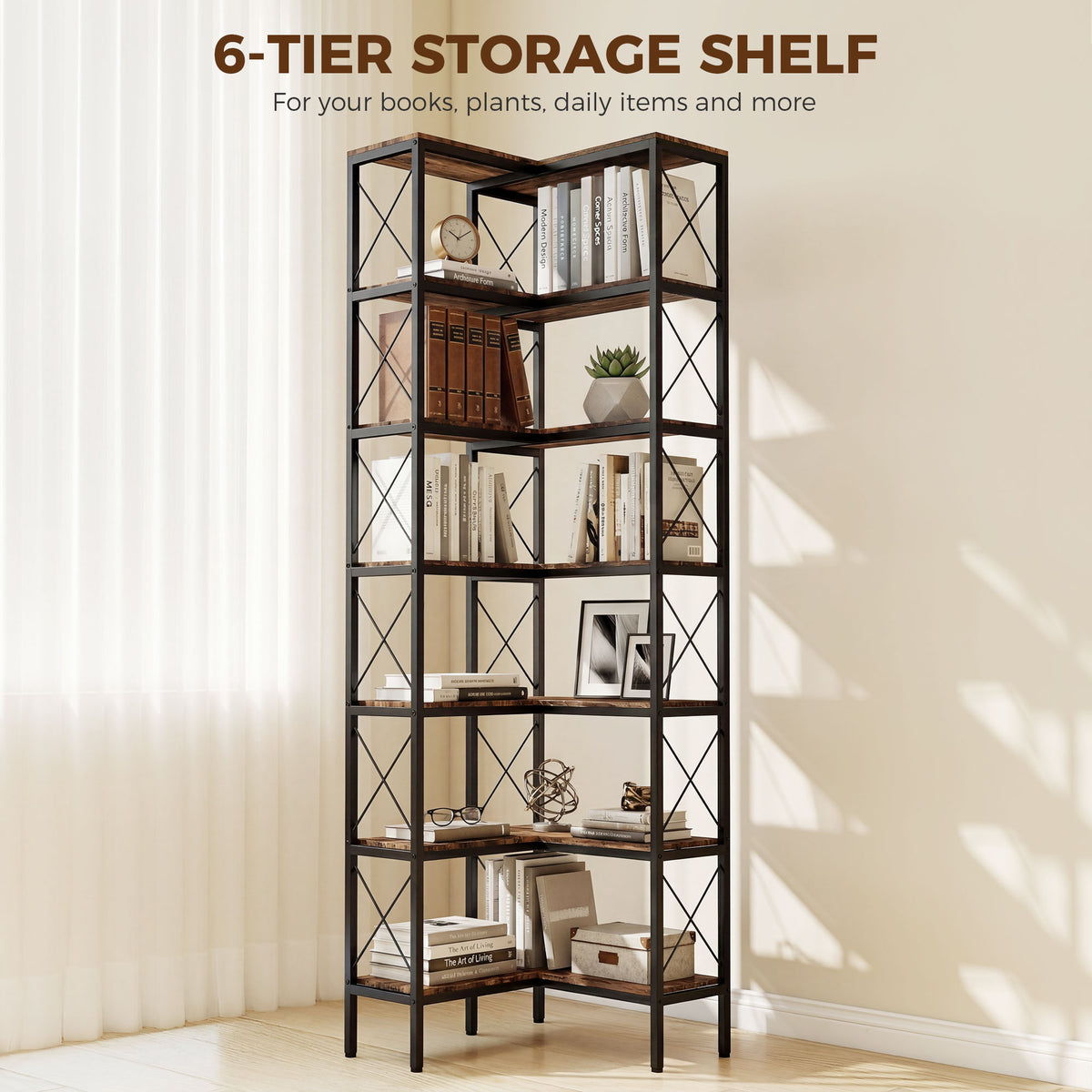 Rustic Brown L-Shaped Corner Bookshelf - dimensions