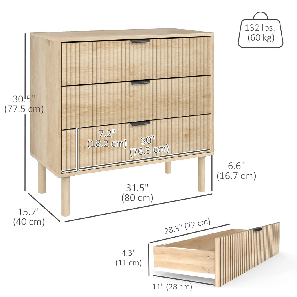 Natural Oak Chest of Drawers | Fluted 3-Drawer Dresser