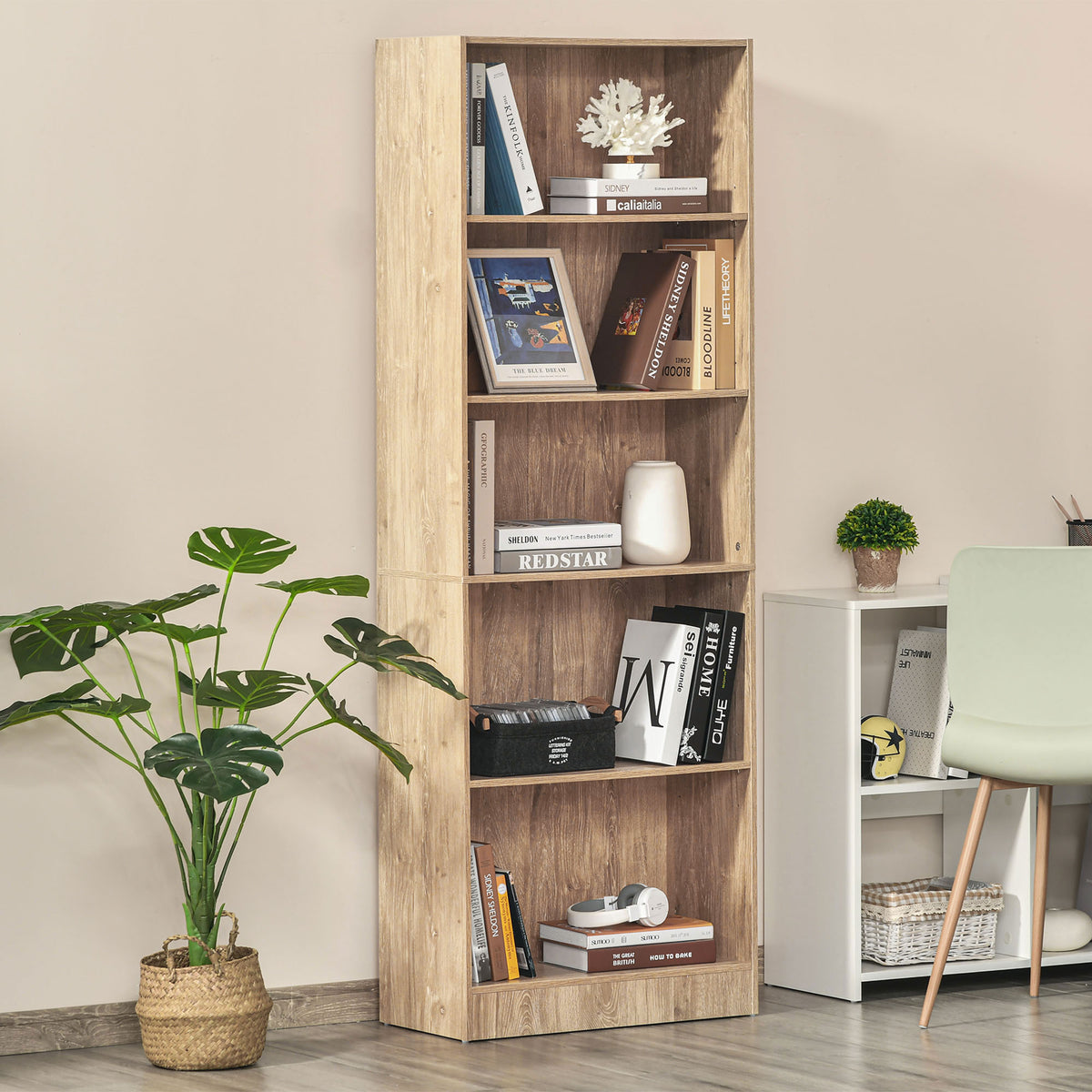 Nature Wood 5-Tier Bookcase | 69.25" Tall Adjustable Shelf Storage Unit