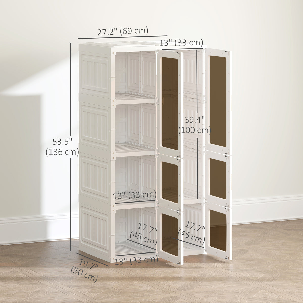 White Portable Wardrobe | 53.5" Foldable Plastic Closet with 5 Compartments and Hanging Rod