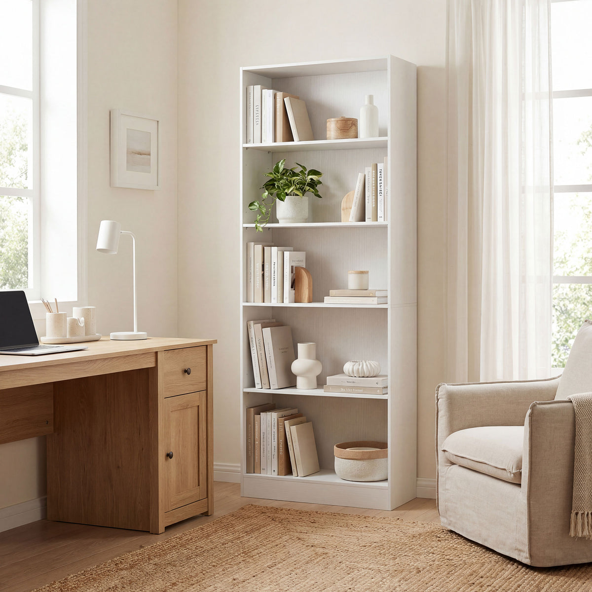 White 5-Tier Bookcase | 69.3" Tall Adjustable Shelf Storage Unit