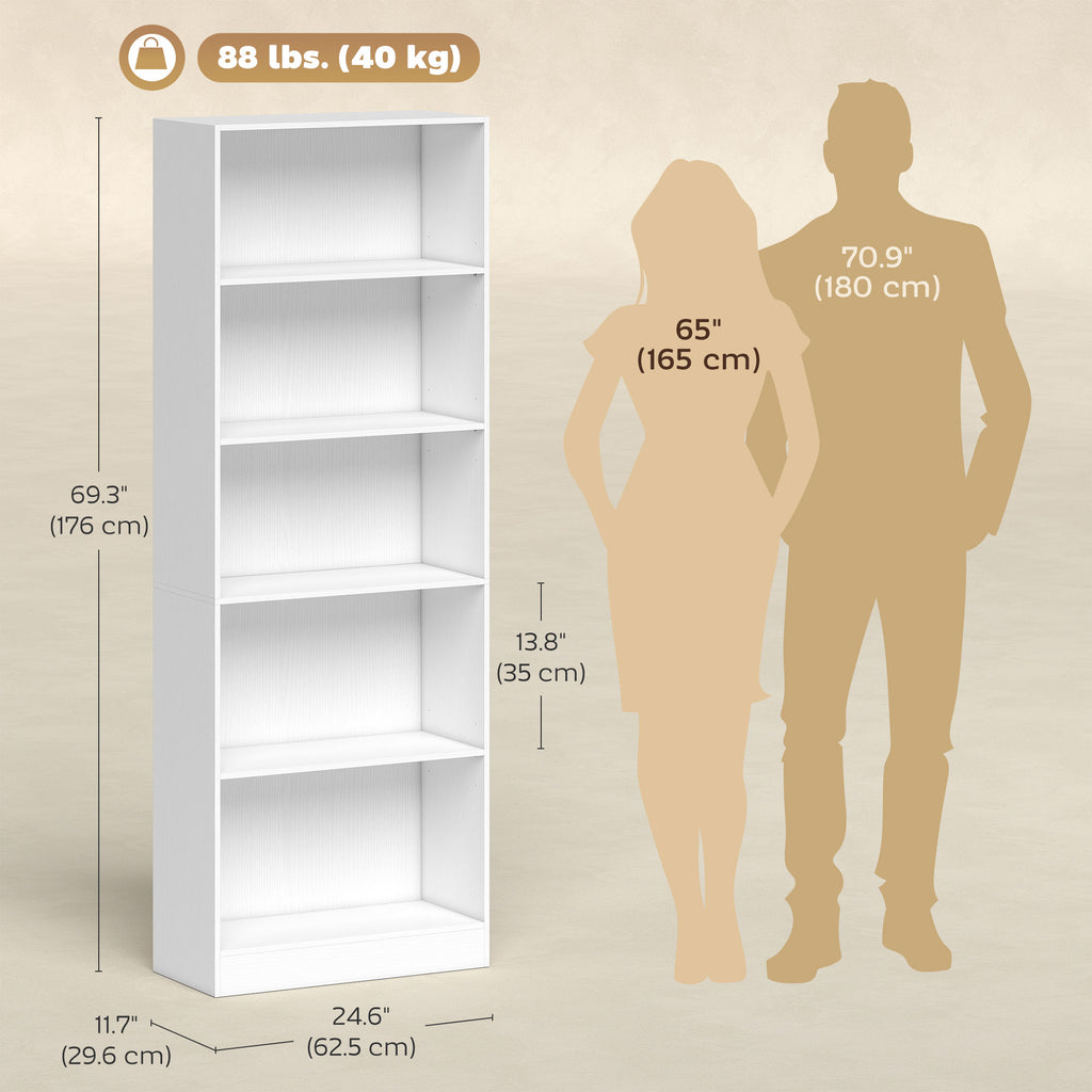 White 5-Tier Bookcase | 69.3" Tall Adjustable Shelf Storage Unit