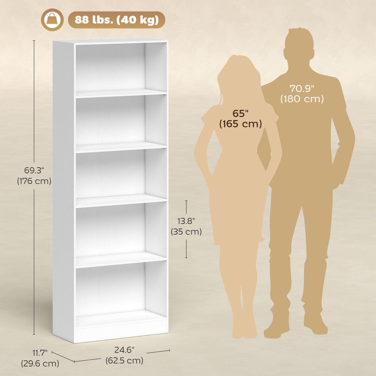 White 5-Tier Bookcase | 69.3" Tall Adjustable Shelf Storage Unit