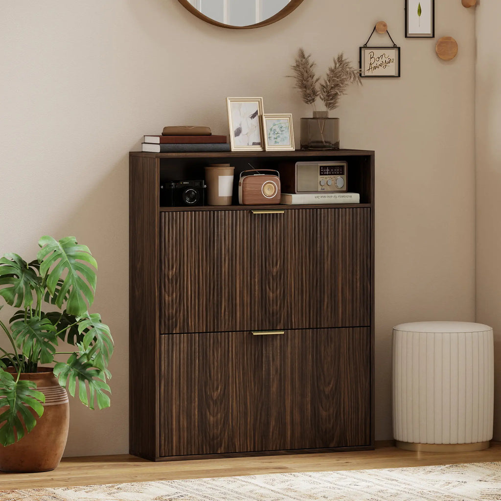 Walnut Shoe Cabinet | 12-16 Pair Entryway Storage with Shelf