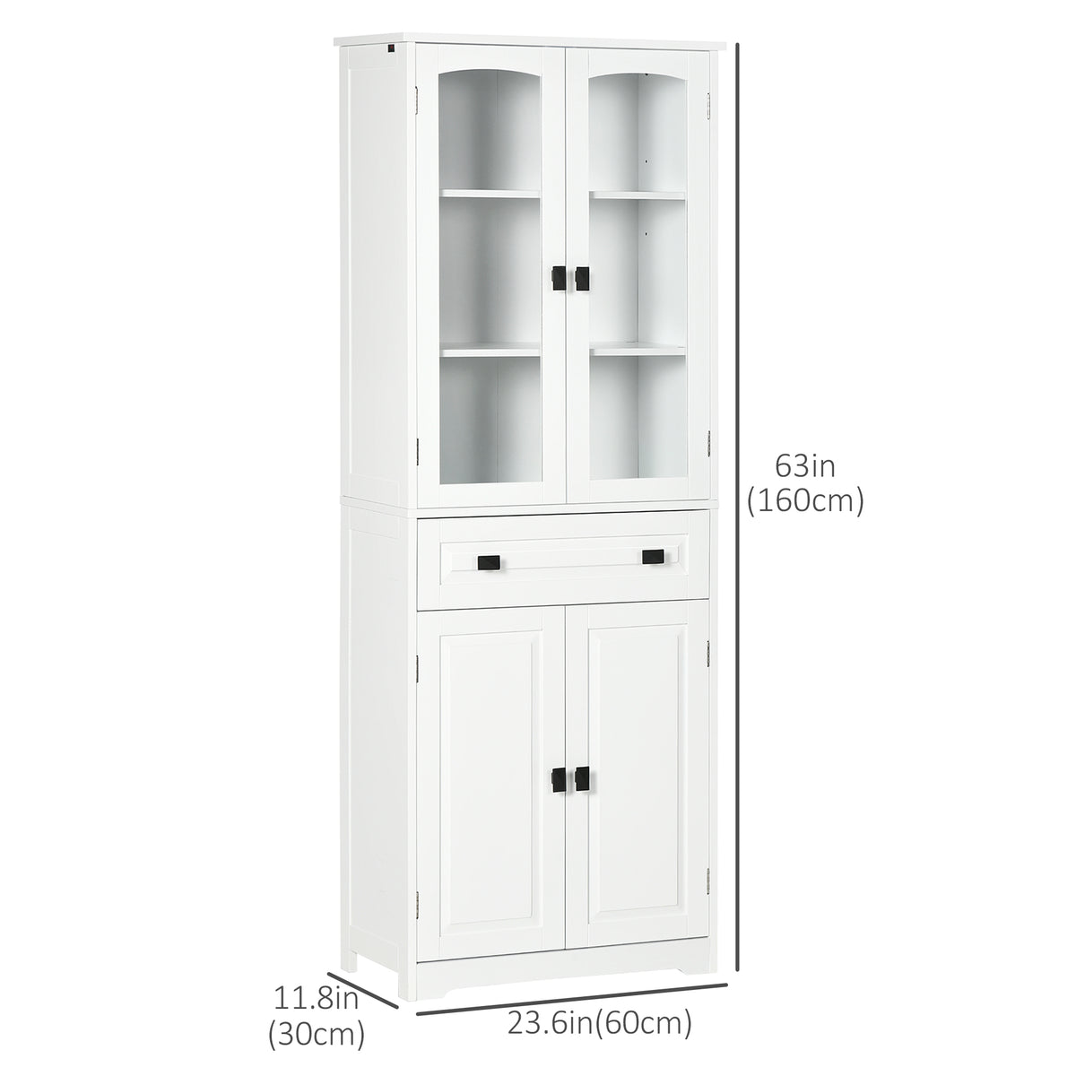 White 4-Door Kitchen Pantry Cabinet | 63" Freestanding Storage Cupboard with Glass Doors