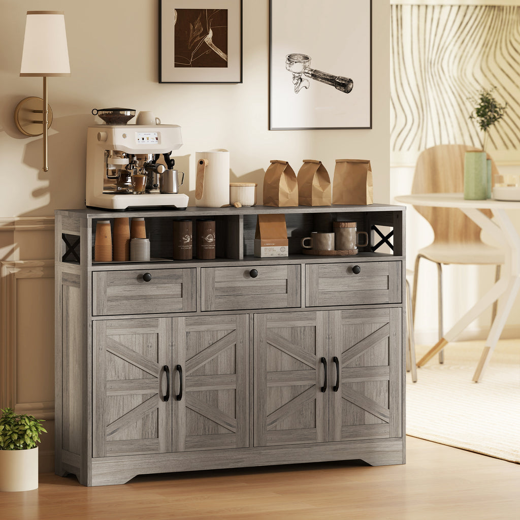 Grey Barn Door Sideboard | 47.2" Buffet Cabinet with Drawers and Adjustable Shelves