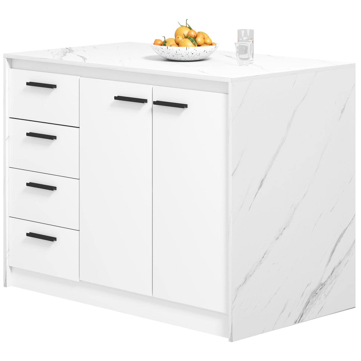 White Faux Marble Kitchen Island | 45.7" Storage Cabinet with 4 Drawers