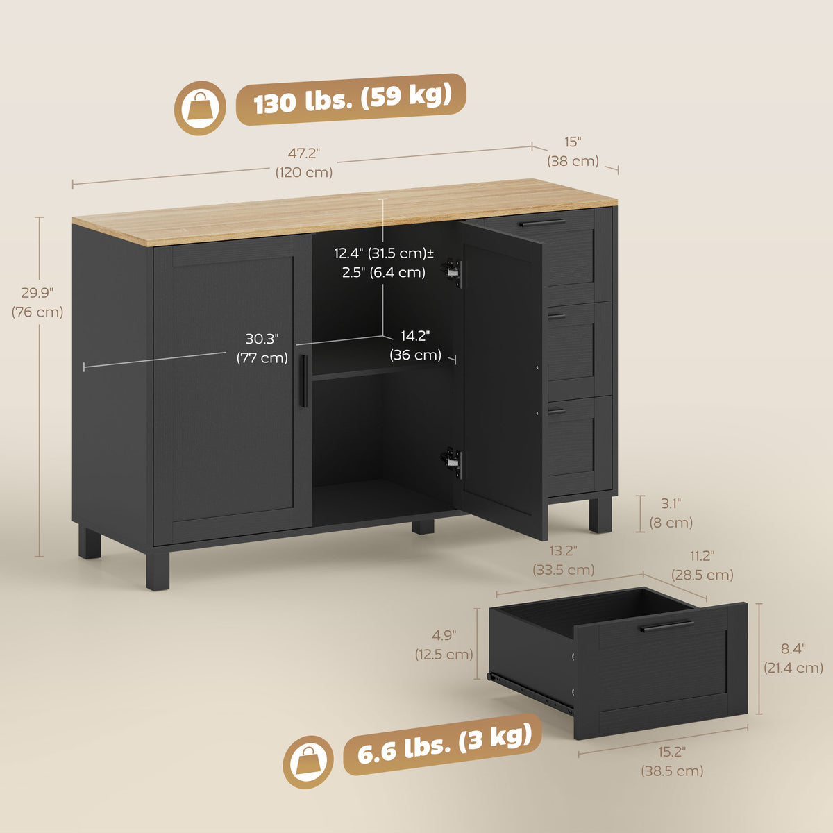 Black Modern Buffet Sideboard | 47.2" Wide Cabinet with Soft-Close Doors and 3 Drawers