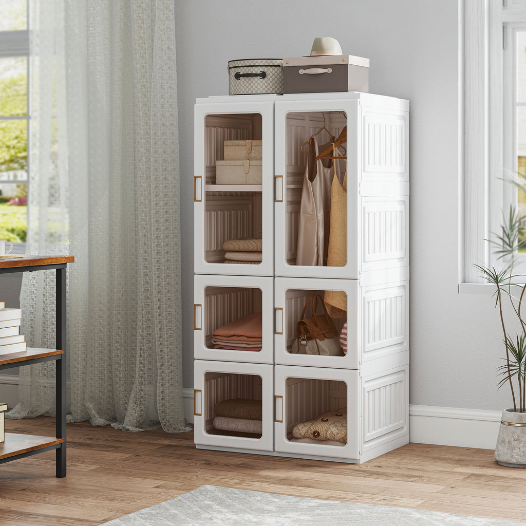 White Portable Wardrobe | 53.5" Foldable Plastic Closet with 5 Compartments and Hanging Rod